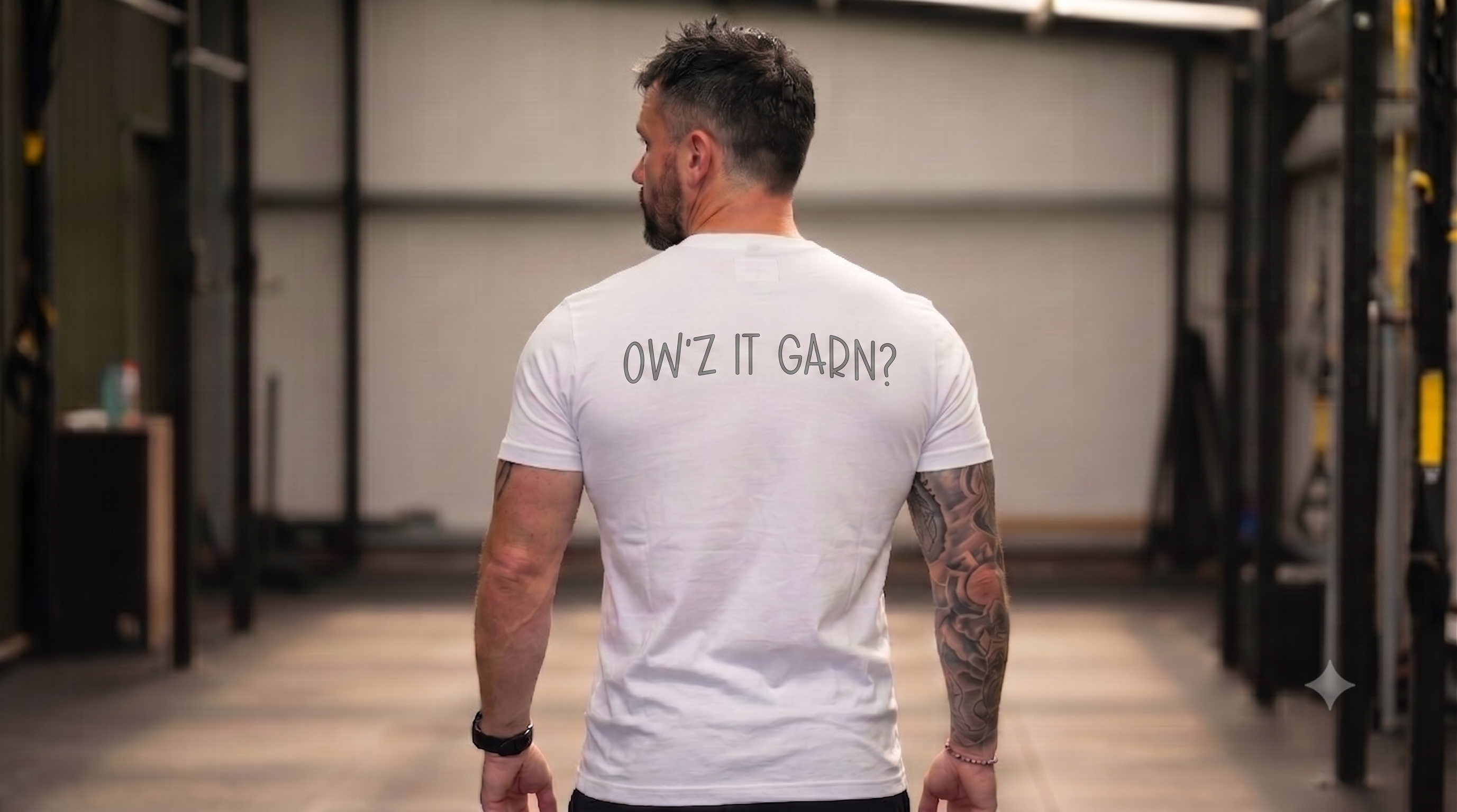 White tee — Owz it garn? back print